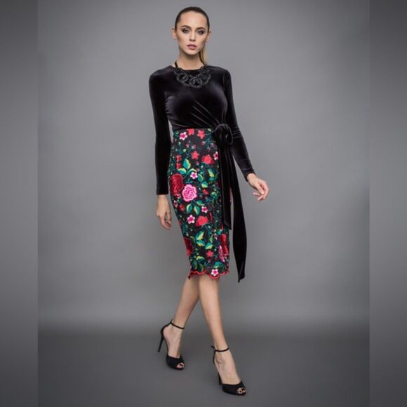 NISSA Velvet and Embroidered Long Sleeve Midi Dress 8 NWOT - Picture 1 of 16